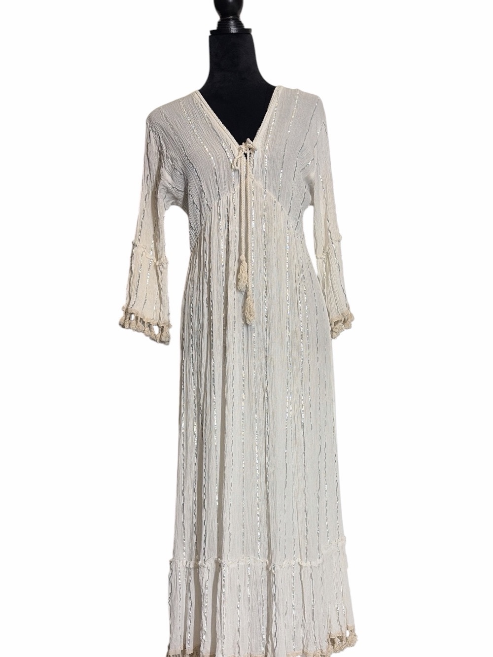 Ashley Taylor Ivory Tie-Front Boho Tunic with Metallic Stripes